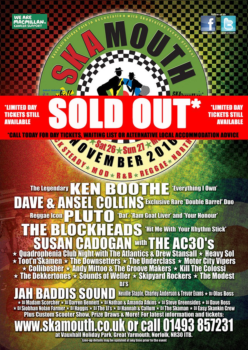regfraternityuk's tweet photo. #Skamouth November 25 26 27 28 ft #KenBooth Dave & Ansel Collins #Pluto #TheBlockheads @SusanCadogan with #TheAc30's #JahBaddisSound https://t.co/kv01JzE8mV