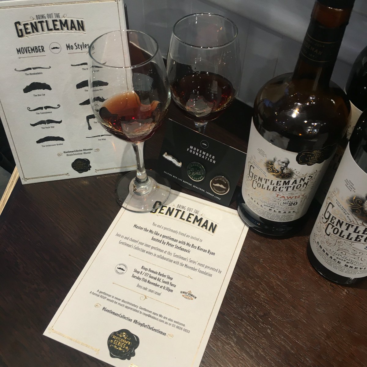 Gentlemanswine's tweet photo. Putting a cap on a mo-st successful evening, learning about men’s health &amp; mo grooming with @MovemberAUS #Movember #BringOutTheGentleman 👨🏽🍷 https://t.co/Lw7jP8edli