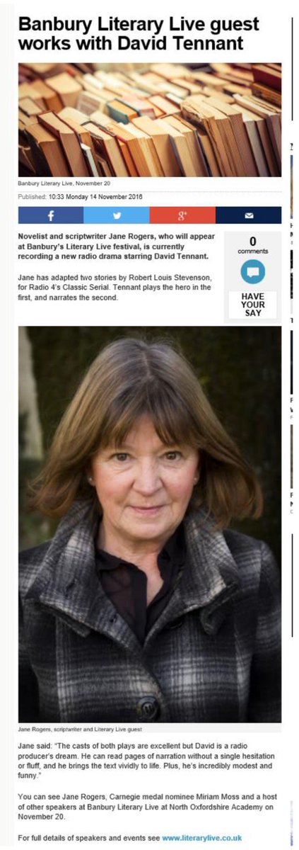 LiteraryLive's tweet photo. Banbury Literary Live Guest, Jane Rogers, to work with David Tennant. Congratulations on more success #literarylive https://t.co/JbRuh9V9nh https://t.co/pHNGuz2EjL