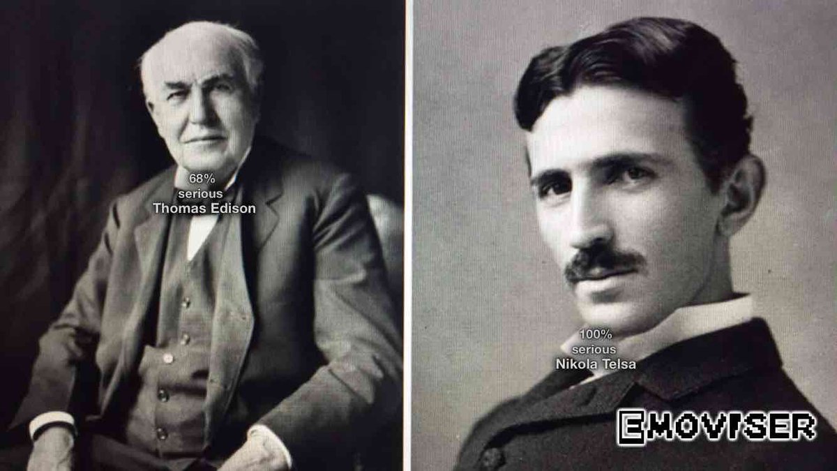 emoviser's tweet photo. Who was the most serious ??? Nikola Tesla VS Thomas Edison. #Tesla #Edison #NRG4ALL #celebometer #Emoviser #growthmindset #GRIT https://t.co/TgCVbpTkqZ