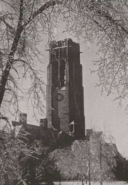 University Hall and the <a href="/UT_BellTower/">The Bell Tower</a> in the snow, 1946. #TBT