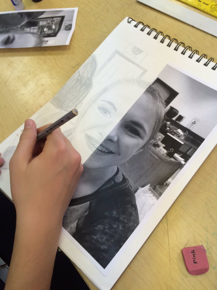 kirkendallART's tweet photo. Adding even more details to their self-portrait! Next step, the snap chat selfie project! #WCSmission #selfiefun #shading #portraitdrawing https://t.co/6r9JD9kWFE