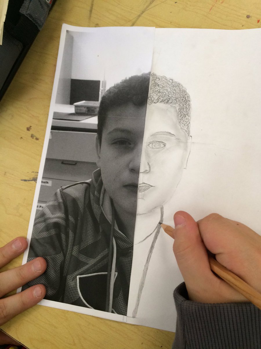 kirkendallART's tweet photo. Adding even more details to their self-portrait! Next step, the snap chat selfie project! #WCSmission #selfiefun #shading #portraitdrawing https://t.co/6r9JD9kWFE
