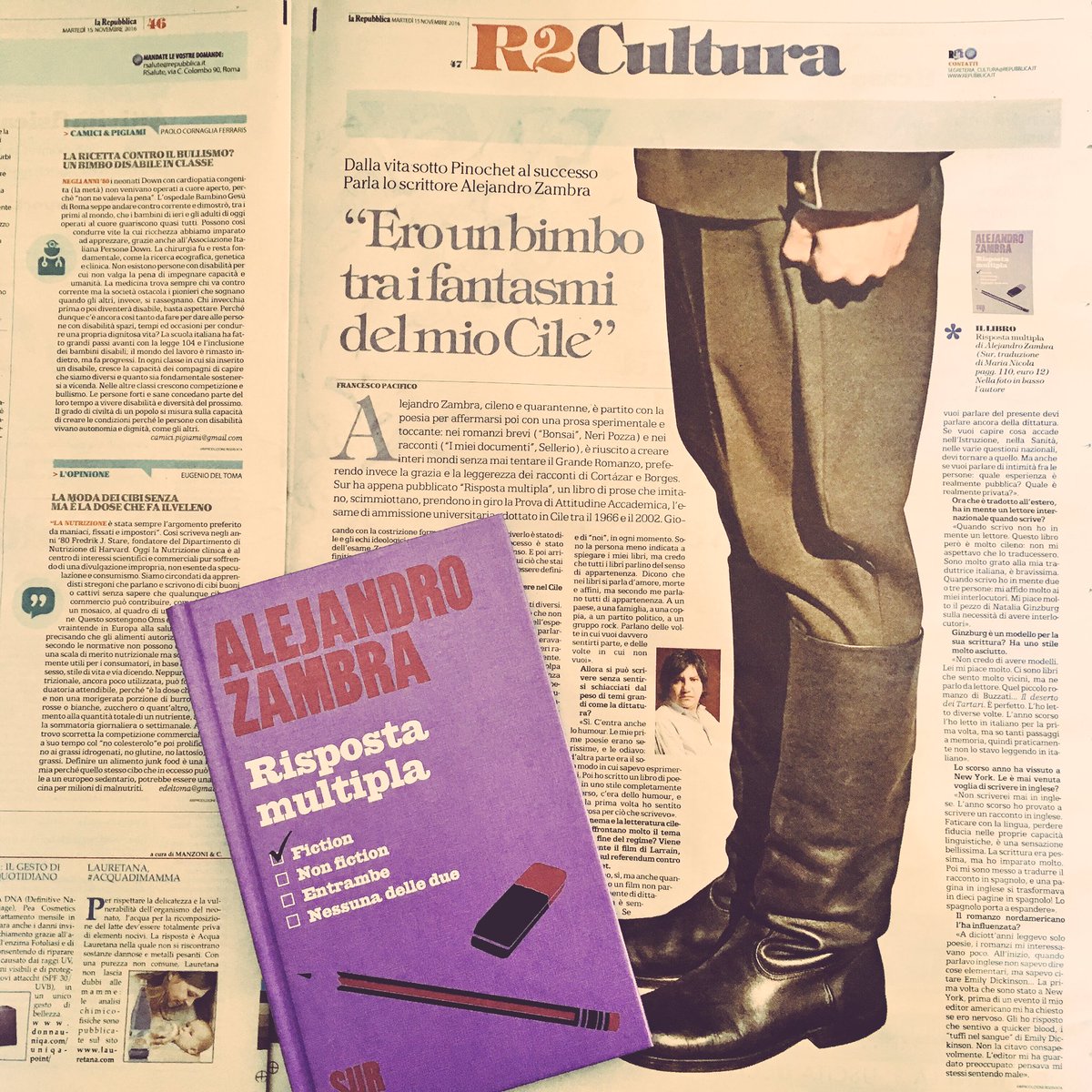 edizioniSUR's tweet photo. Tutti i libri parlano di appartenenza: su @rep_cultura una bellissima intervista di @fzpacifico ad #AlejandroZambra su #Rispostamultipla https://t.co/NemYIGWGpf