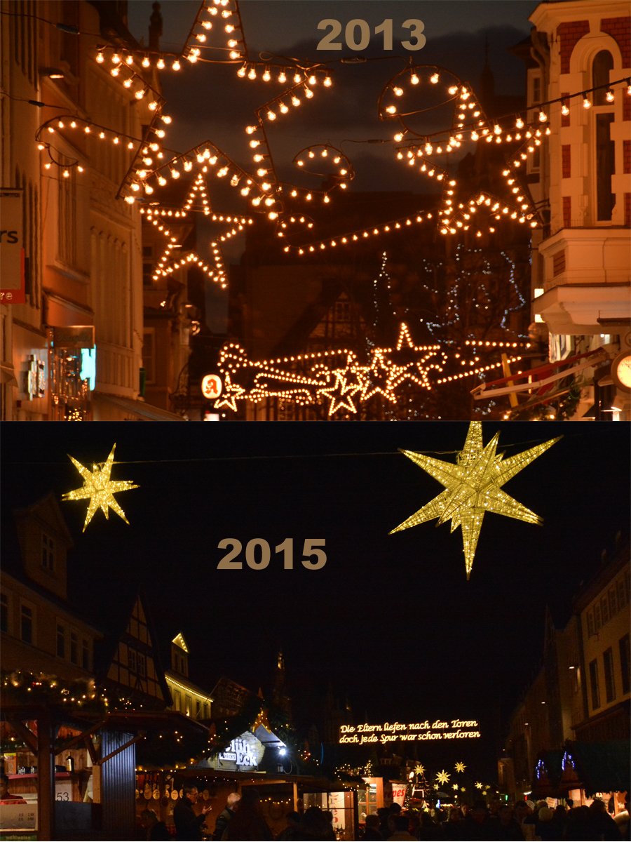 tro_ni's tweet photo. Deko im Wandel der Zeit: Die alten und die neuen Weihnachtssterne auf dem Weihnachtsmarkt in Hameln. In Weihnachtsstimmung für die @dewezet. https://t.co/Xml3YOqEtp