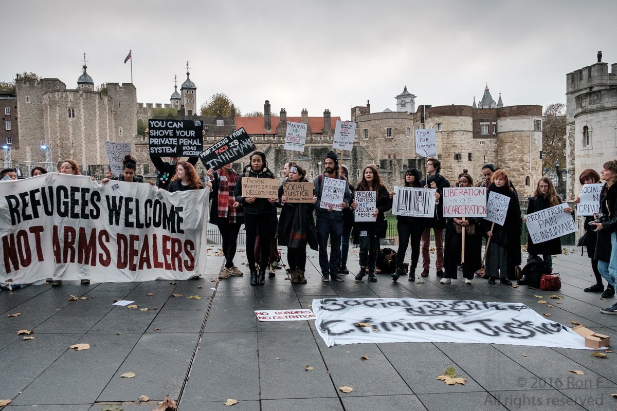 TheWeeklyBull's tweet photo. Scenes from the #ECDS16 Custody Summit demo this morning #StopTheSummit  @ReclaimJustice @DetentionAction @AishaDod @GlobalJusticeUK https://t.co/2Ul7WXPCBH