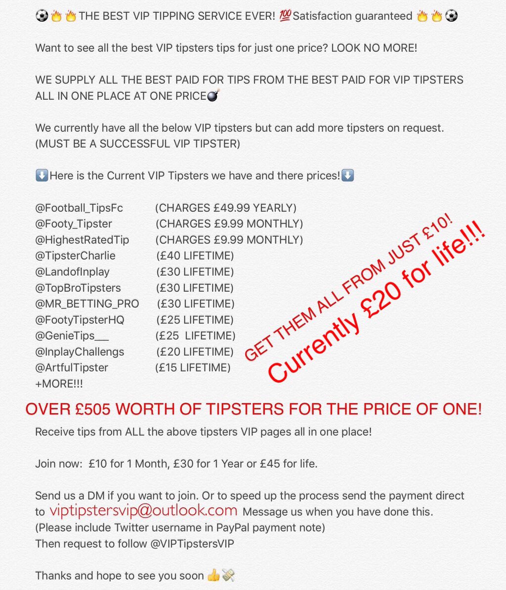 onlyVIPtips's tweet image. ⚽️🐎🏀BEST VIP TIPS EVER!🎯⚾️🎾

Top Tips 24/7 From over 12 VIP Tipsters

Pay here➡️ Paypal.me/VIPTipstersVIP

⬇️ INFO ⬇️