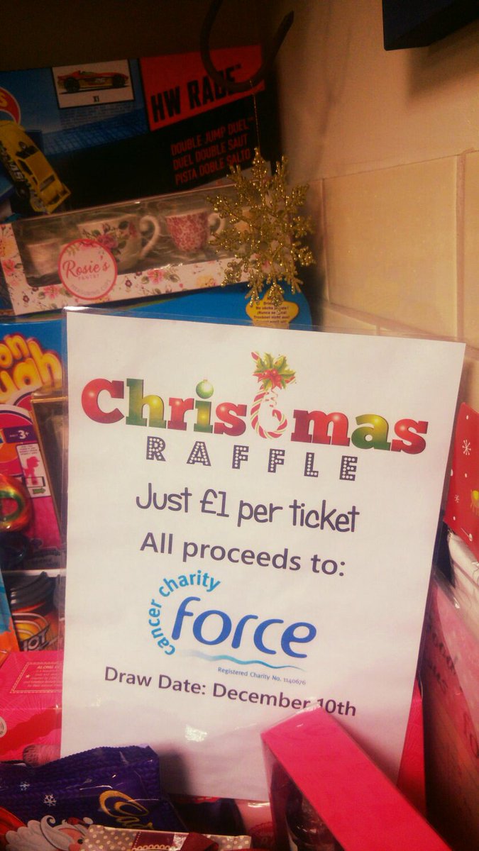 Christmas raffle! Starts today.
£1 a ticket. All proceeds to Force Cancer Charity. Many prizes available.