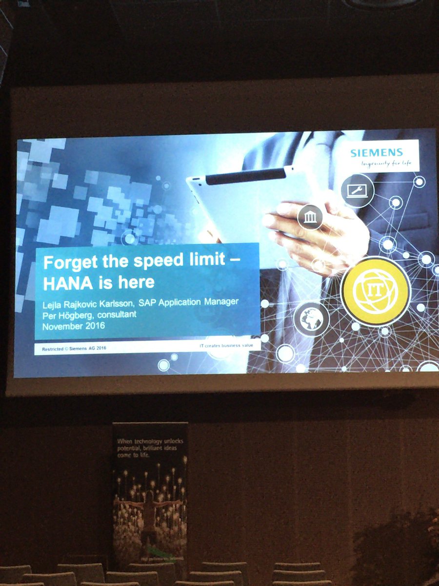 Chronoo's tweet photo. Siemens - forget the speed limit - Hana is here. #IMPULS2016 https://t.co/hGFbbfQ42j