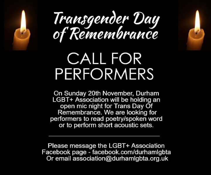 Know any poets, musicians or performers who could join us for Trans Day of Remembrance? #TDOR