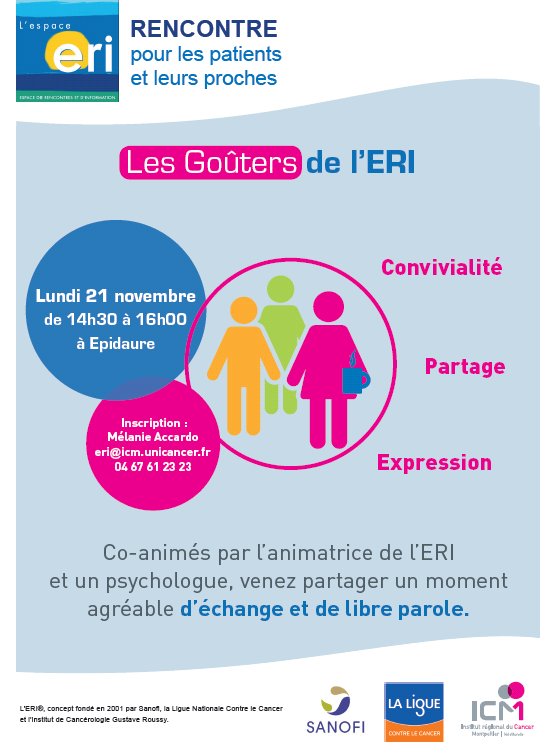 Agenda : le prochain #goûter de l'#ERI aura lieu le lundi 21 novembre à 14h30 à l'ICM. 
> Pour en savoir plus : bit.ly/2ev2Yey