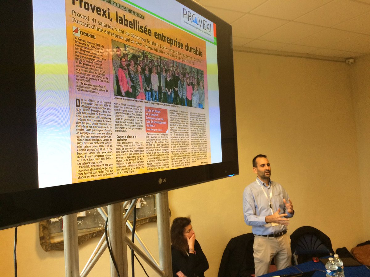 BrunoPIREYN's tweet photo. #JREDD à Troyes: @provexi, entreprise adhérente @cjd_france, présente les retours positifs de sa démarche #RSE @Label_LUCIE. Salle comble!👍👏 https://t.co/MDC5rKVM4h