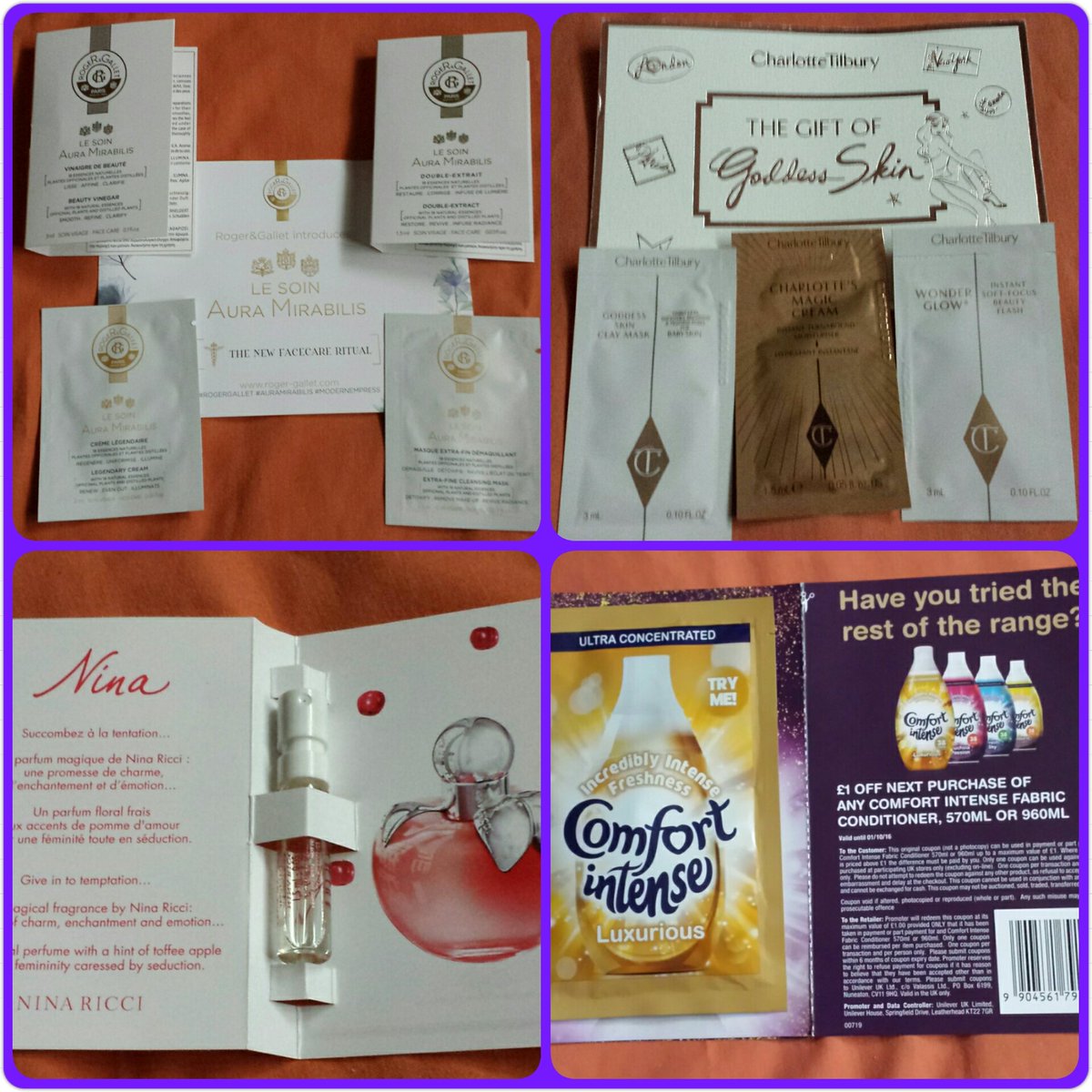 louiseneal's tweet photo. @freesamplescouk @RogerandGallet @CTilburyMakeup @NinaRicci @UnileverUK #auramirablis #goddessskin #perfume #temptation #comfortintense 😍😍😍😍 https://t.co/JMfyvylqdK