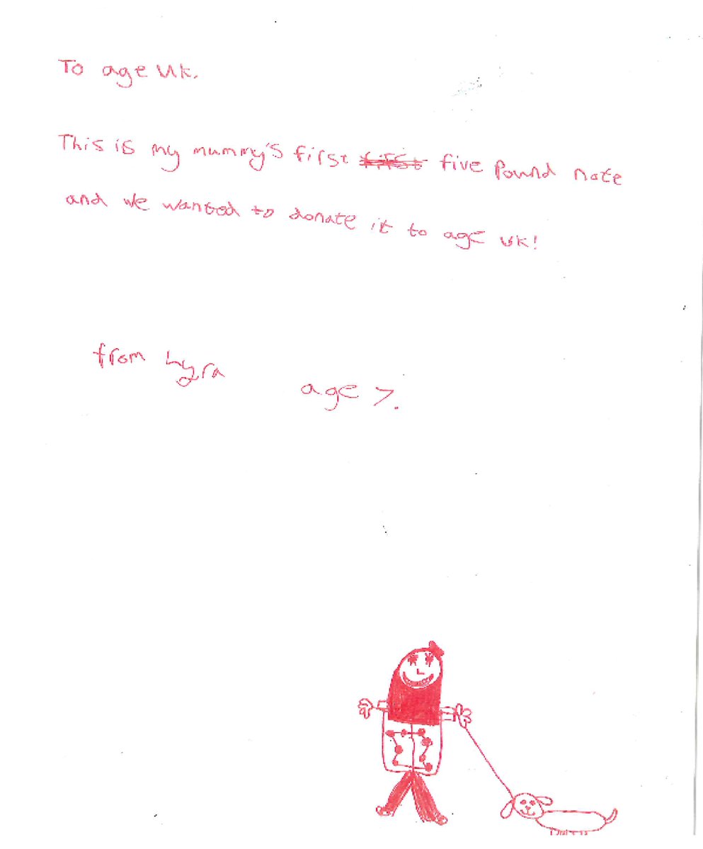 age_uk's tweet image. We received a lovely, heart-warming letter from 7-year-old Lyra donating her mum's #FirstFiver to @age_uk! #charitytuesday