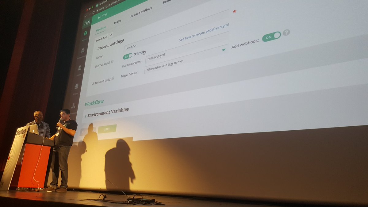 liran_tal's tweet photo. #docker containers LIVE demo by Oleg Verhovsky showing @codefresh full fledged app container building, testing, and running it. 
#DevConTLV https://t.co/pLfXaSuiE1