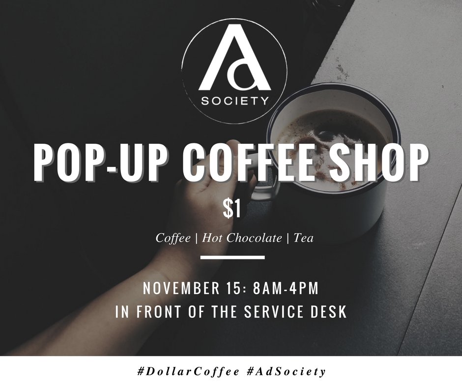 ADVStuStruggles's tweet photo. Need that caffeine fix between classes? Visit the Ad Society pop-up coffee shop today in the SCCCA Building #goodmorning #TuesdayMotivation https://t.co/ragAIBsvfW