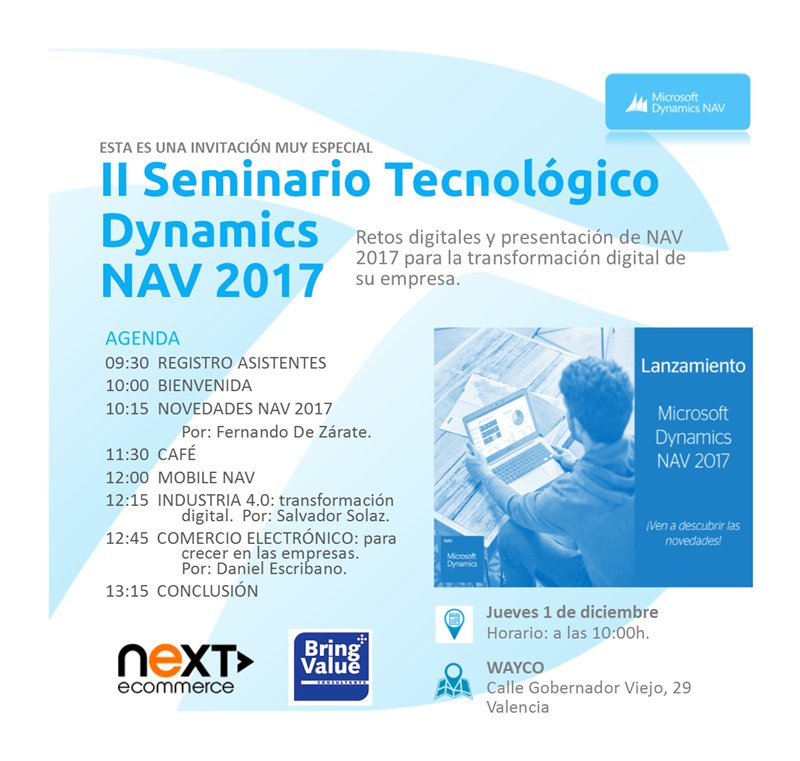 BringValueCons's tweet image. El próximo 1 de Diciembre participamos en un seminario sobre Retos Digitales y Presentación de Microsoft Dynamics NAV 2017 con @dynamizatic