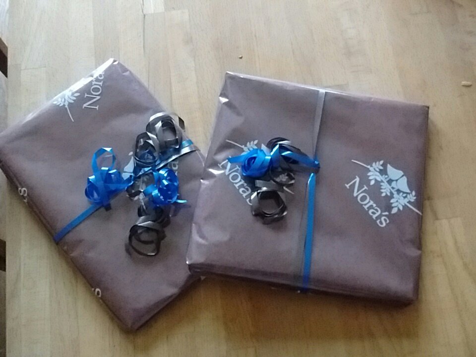 Beautifully wrapped gifts ready to take to Germany thanks to <a href="/NorasIlkley/">Nora's - Ilkley</a>