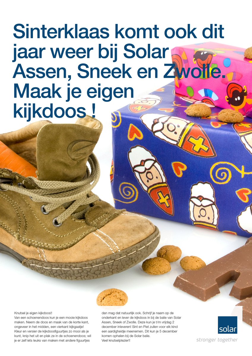 Sinterklaas komt langs bij de vestigingen in de regio Noord. De kleine Solar klantjes kunnen knutselen. Op 5/12 staat er iets leuks klaar!