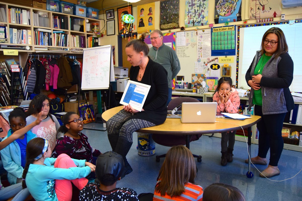 A2schools's tweet photo. .@A2BryPatSchools 5th graders celebrate @A2EdFoundation grant provided thru Karen Thomas Fund. Thank you, Trustee Andy Thomas! #A2gether https://t.co/96BubMxWYs