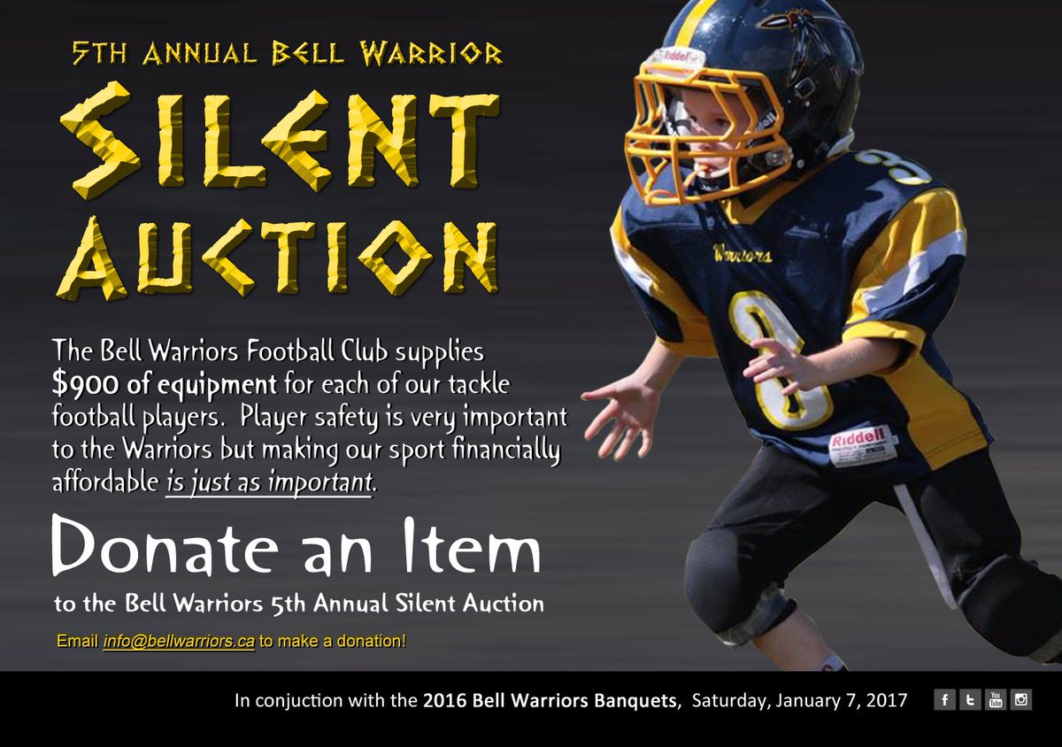 Keeping #football afffordable is important.  AGREE?
If so, help out. DONATE NOW. WARRIORS SILENT AUCTIONS.
info@bellwarriors.ca for details
