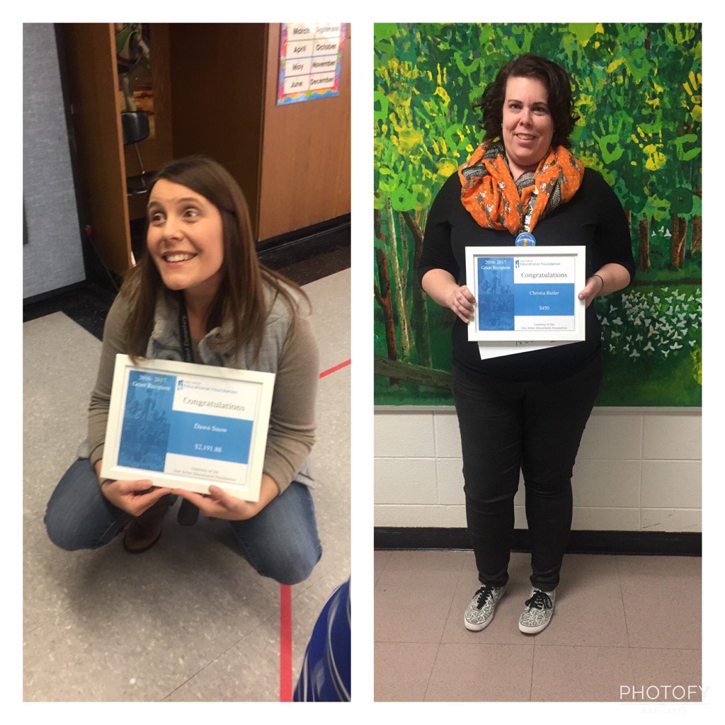 A2Abbot's tweet photo. Abbot teachers, Dawn Snow and Tia Butler, receiving the Ann Arbor Educational Foundation grants @A2schools https://t.co/USqQRxJVDL