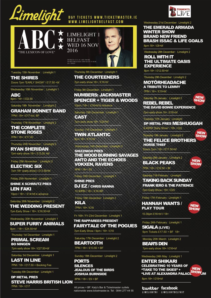 .<a href="/LimelightNI/">Limelight Belfast</a> listings competition!
RT, FOLLOW US + reply with which gig you'd love to go to &amp; you could WIN a pair of tickets! Drawn on Fri