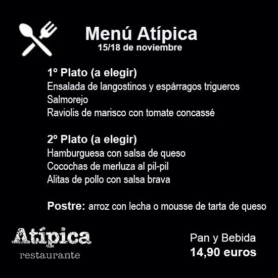 A mediodía, de martes a viernes, podéis disfrutar del menú #Atípica. Estamos en Lugar de O Santo, 11 #Ortoño #Ames