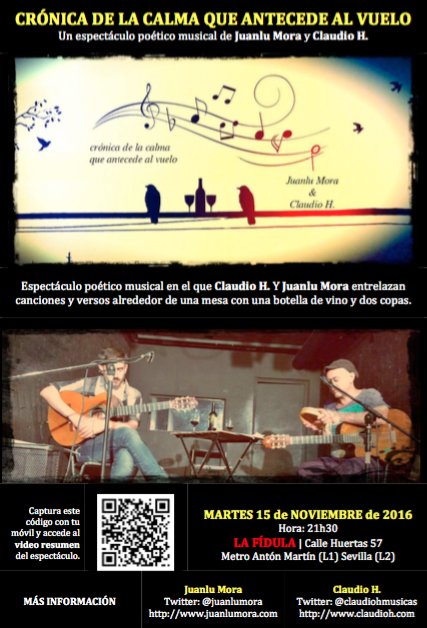 ¿Preparados para 'Crónica de la calma que antecede al vuelo'...?
 <a href="/juanlumora/">Juan Luis Mora</a> + Claudio H. hoy a las 21:30 en <a href="/lafidulaenvivo/">La Fídula</a>