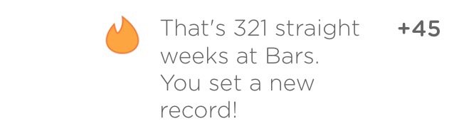 screenshot of Swarm app: "321 straight weeks at bars"