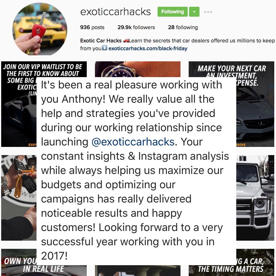 More InstaWealth success! Congrats to @exoticcarhacks on your recent 30k follower milestone 🏆. Thanks for the amazing used car learnings!