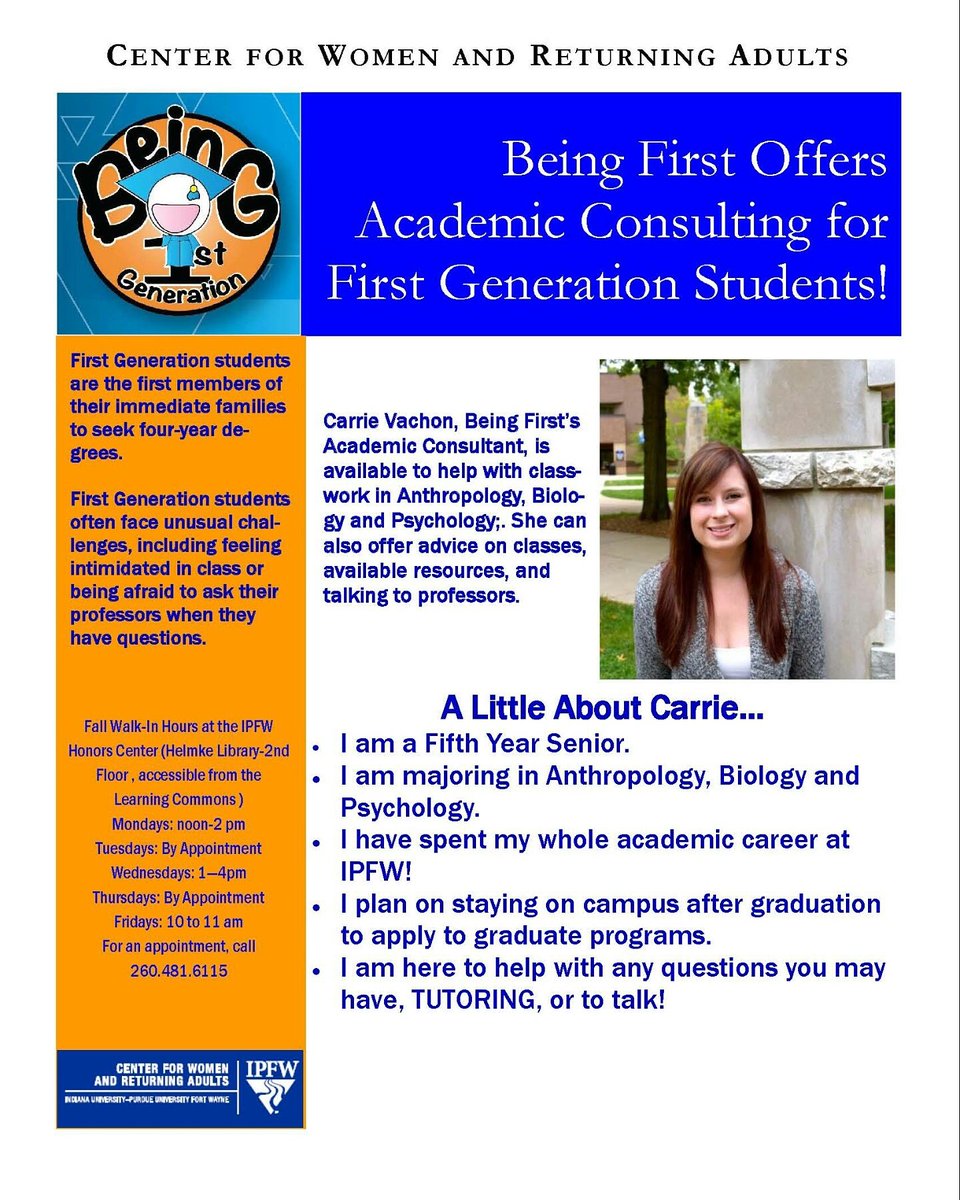 Meet Carrie she is a Academic Consultant in , Anthropology, Psychology.  Her office is in IPFW Honors Center.