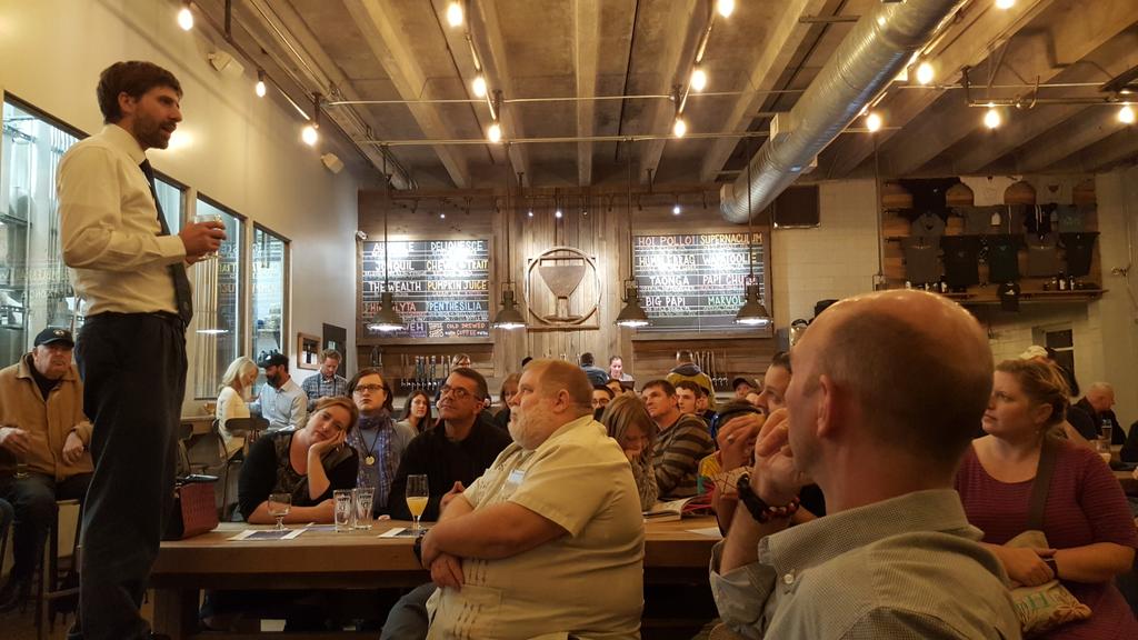 ODUGIS's tweet photo. Dr.Jesse Richman of #ODU captures the crowd with post-election Science Pubs talk at Commonwealth Brewing #CWBrewCo https://t.co/Va2NyXx9H7