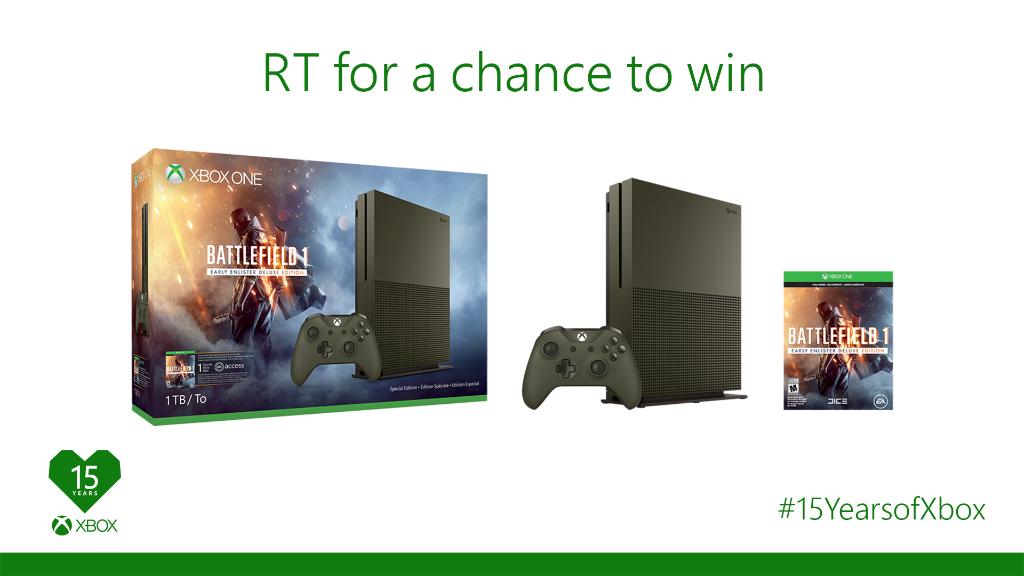 RT w/ #15YearsofXbox and #Sweepstakes for a chance to win a Military Green #XboxOneS 1TB Battlefield 1 bundle. Rules bit.ly/2eDvegG