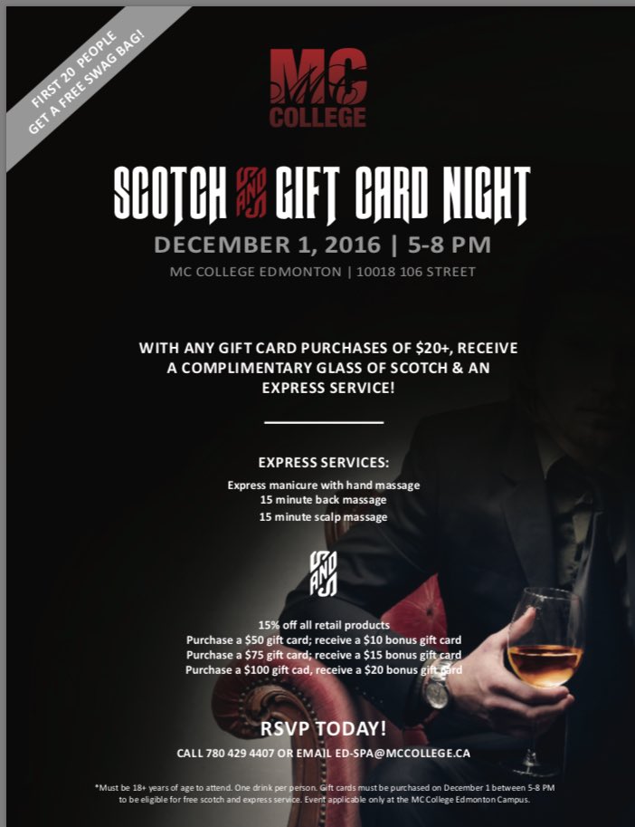 C_Anderson007's tweet photo. @mccollegegroup #yeg having our annual scotch and gift card evening! Have a drink 🍷get a service get a 🎁#mclife #gifts #tistheseason https://t.co/rWqDPqGeDj