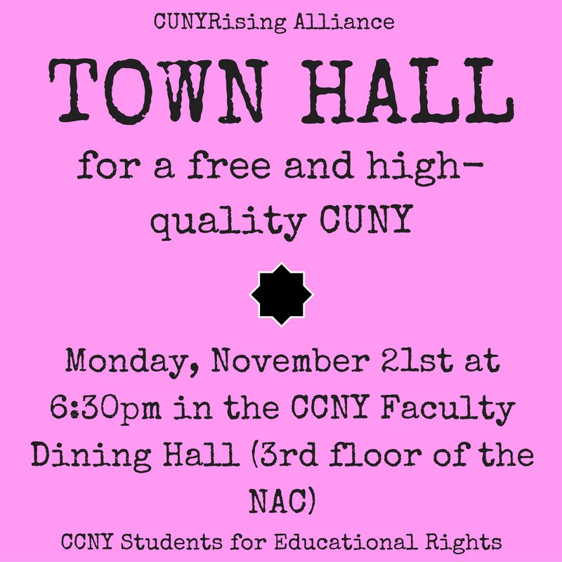 CityCollegeSER's tweet photo. Join us and #CUNYRising for a town hall at #CCNY next Monday on how to make a better #CUNY! https://t.co/ErEFI4XlID