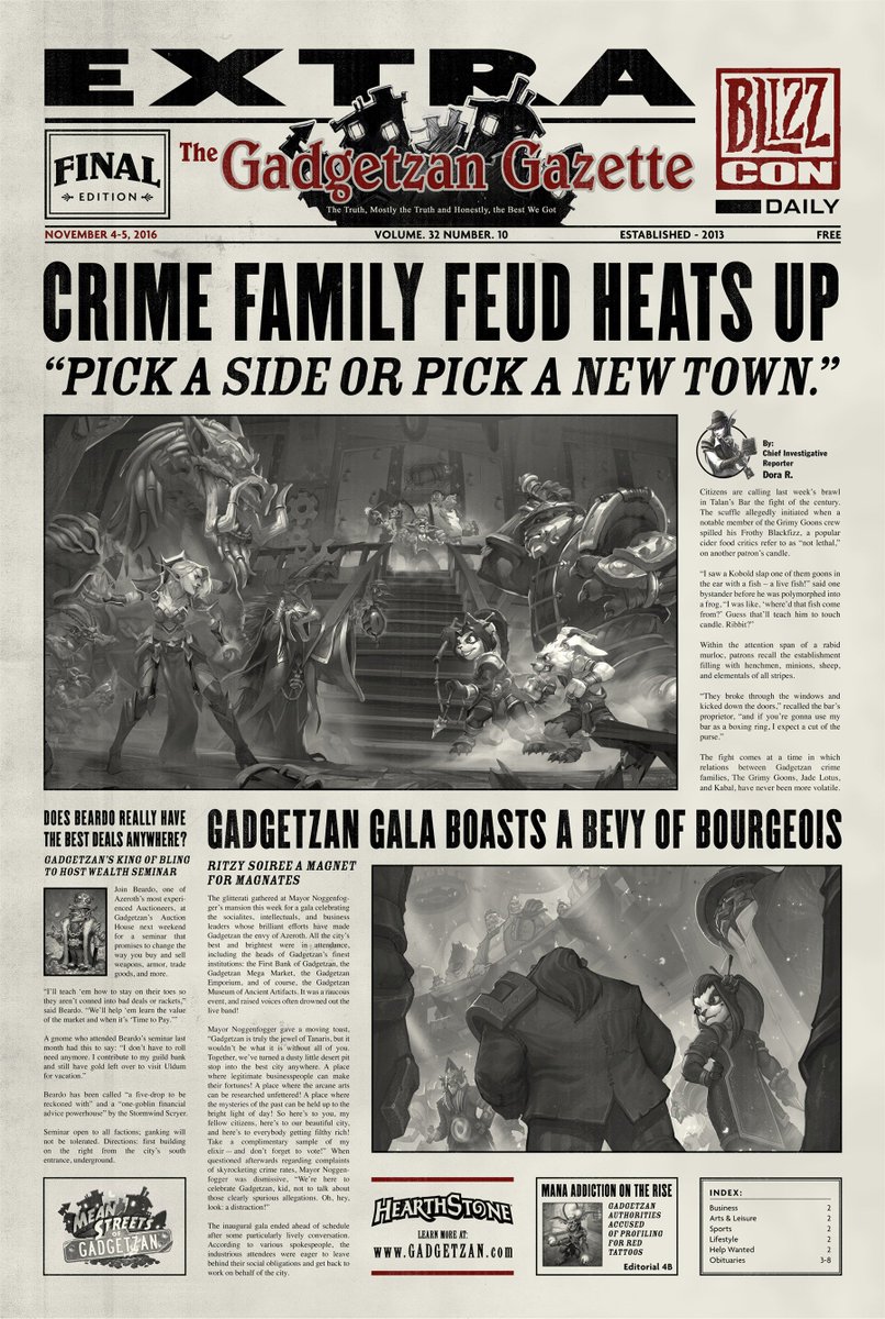 Kripparrian's tweet image. More #Gadgetzan newspaper articles from Blizzard. Am I the only one that simply doesn't have the patience to read a newspaper format?