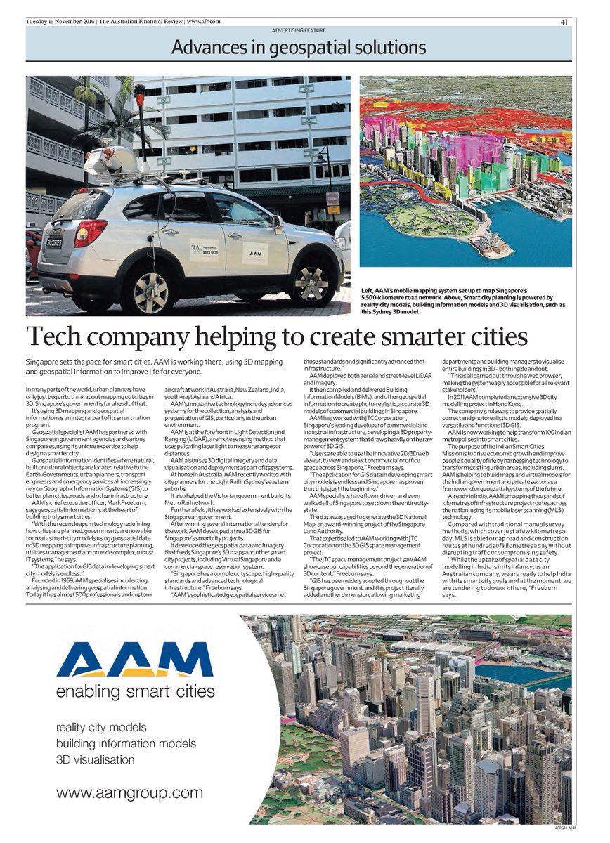 BraithMcClure's tweet photo. Want to get across how @AAMGroup innovate across #Spatial #MLS #BIM #Smartcity #GIS.  The @FinancialReview piece covers it. https://t.co/CA9IWuC8Bh