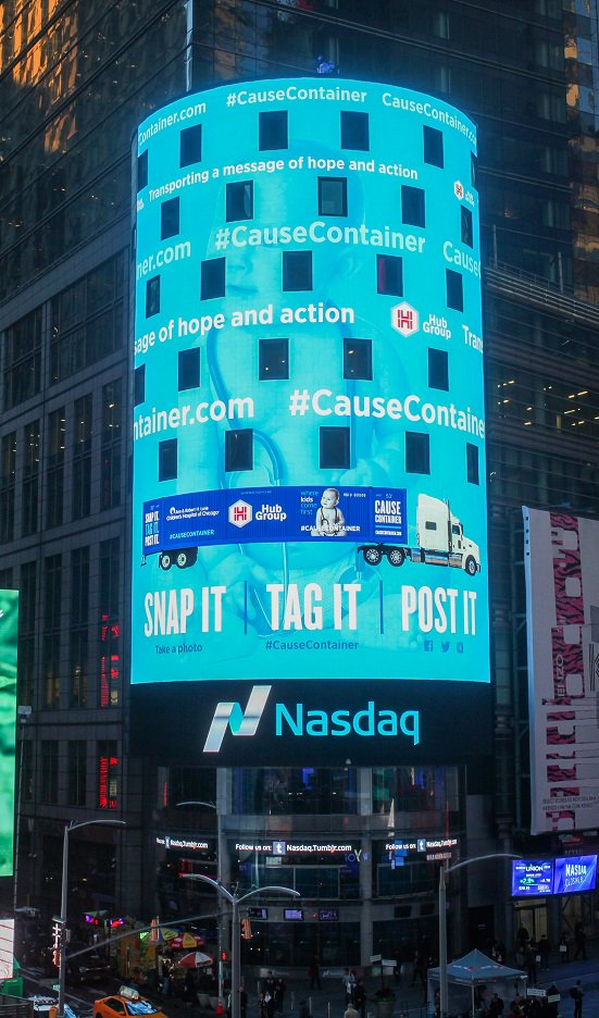 NasdaqExchange's tweet photo. Last year, @HubGroup's #CauseContainers raised nearly $70,000 for charity partners. #NasdaqCares https://t.co/Uq1x1dyTDe https://t.co/TUaM87Odrr