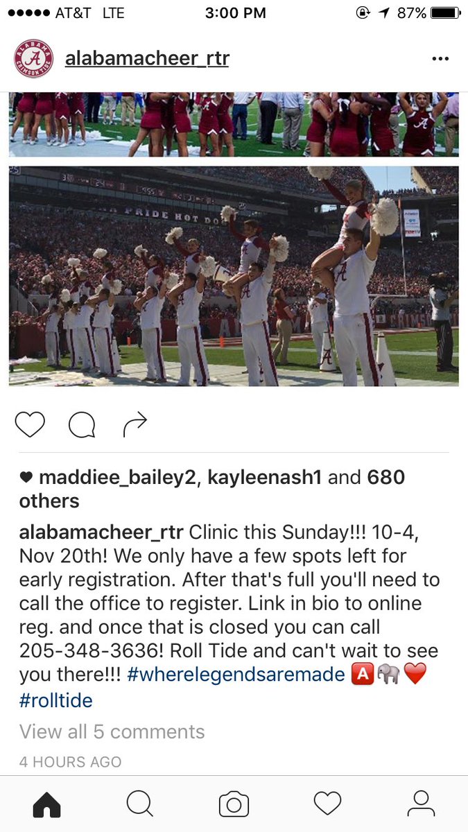 savannahchavers's tweet photo. Clinic this Sunday โผ๏ธโผ๏ธโผ๏ธโผ๏ธโผ๏ธโผ๏ธroll tide๐ #alabamacheer https://t.co/r6WQOjVsF2