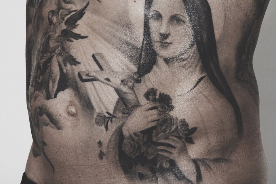 Saint Rita. I've tattooed this particular saint twice in my lifetime, and it just doesn't get old. X <a href="/highvoltagetat/">High Voltage Tattoo</a>