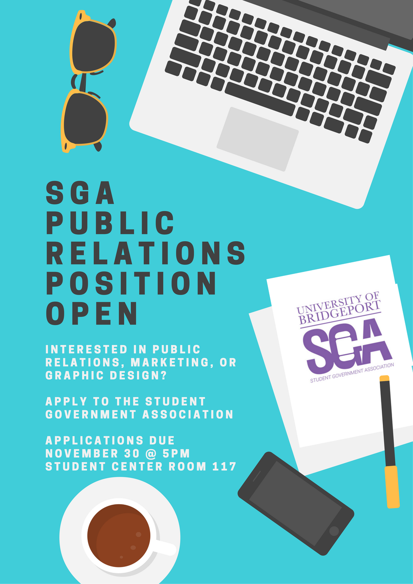 UBSGA's tweet photo. Interested in Public Relations? Apply to the Student Government Association! Applications due November 30 @ 5PM Student Center Room 117. https://t.co/0vYJC4PEZl