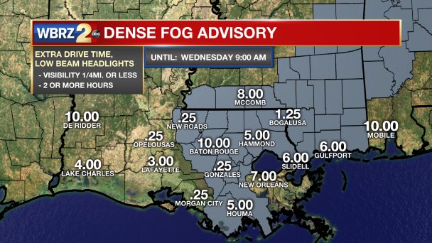 *DENSE FOG ADVISORY* for the shaded area. Take it easy driving and check with <a href="/WBRZtraffic/">TEAM 2 TRAFFIC</a> for updates. #WBRZwx
