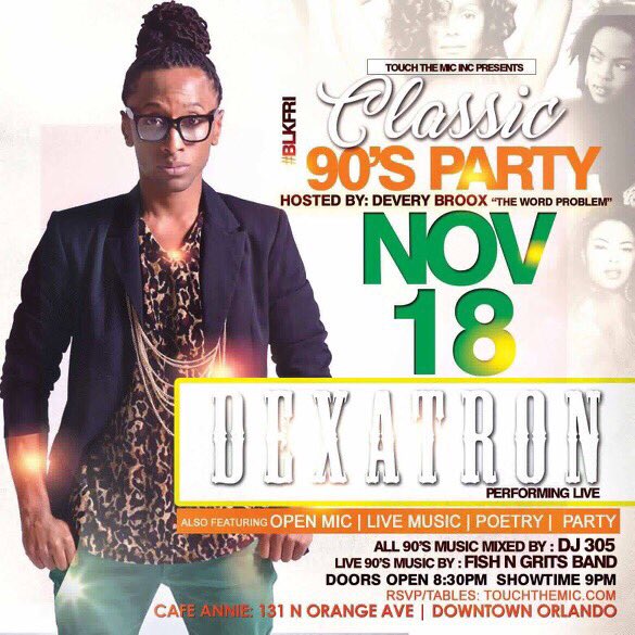 iamdexatron's tweet photo. #TEAMDEXATRON β€οΈ
"Classic 90's Party" Special guest feature @iamdexatron. This Friday @touchthemictues #floridaclassic #singer #entertainer https://t.co/DnezMs5bhr