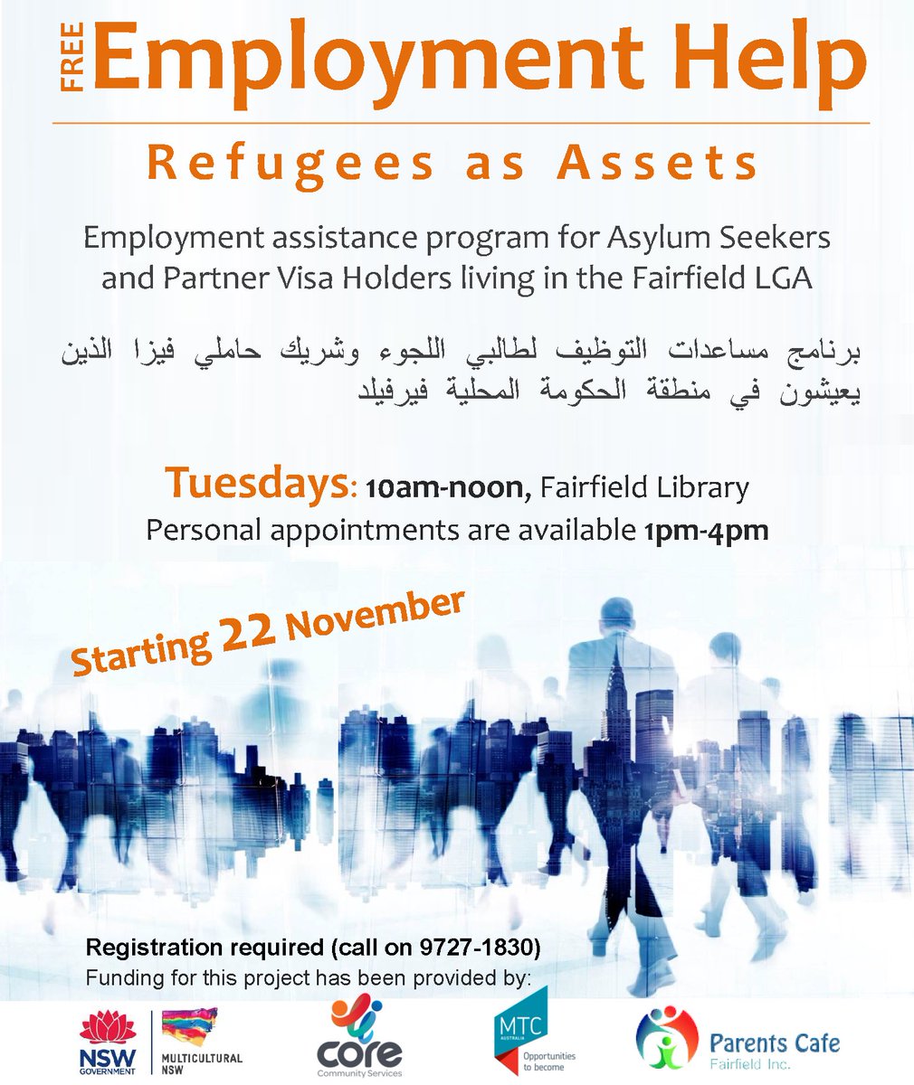 FCOpenLibraries's tweet photo. #FairfieldLibrary's free #EmploymentAssistance program for Asylum Seekers and Partner Visa holders. For bookings, phone 97271830. https://t.co/Js3At17Fu8