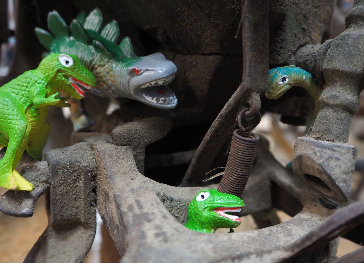 temanawanz's tweet photo. "U OK m8?" Try not to go climbing on vintage lawn seeders when you have tiny T. rex arms. #Dinovember #Day16 #FlyPalmy @PNAirport https://t.co/ZBtnrzcYp9