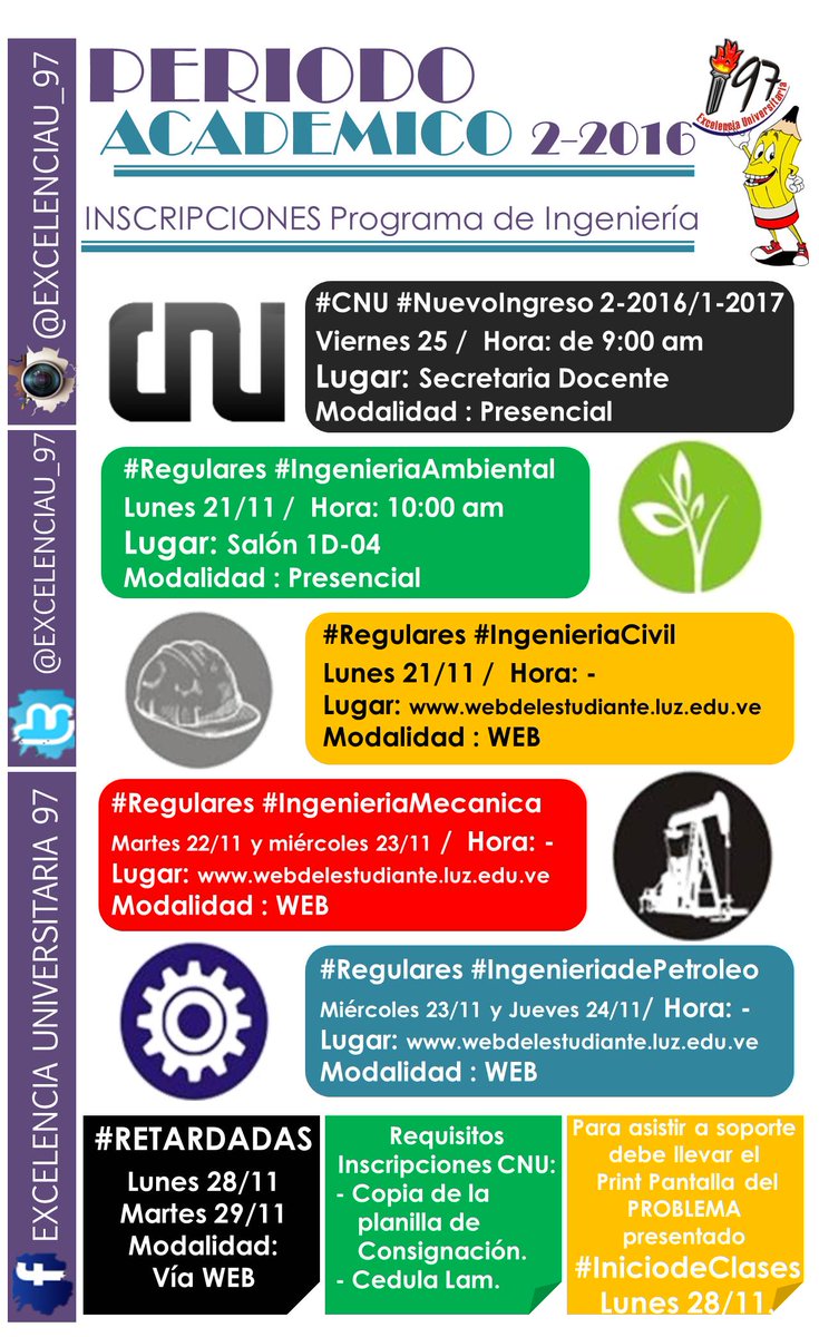ExcelenciaU_97's tweet photo. #PontePilas #CronogramadeInscripcion #ProgramadeIngenieria @NucleoLUZCOL Inscripciones #NuevoIngreso Viernes 25/11 en la @SD_Ingenieria https://t.co/8CwjqwpJVq