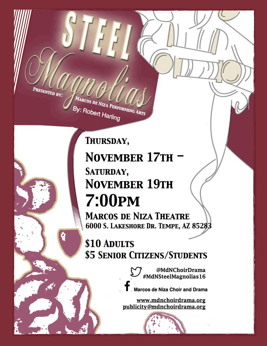 MdN Choir Drama (@mdnchoirdrama) on Twitter photo #mdnsteelmagnolias16 <a href="/PadreNation/">Padre Nation</a> <a href="/TUHSD_News/">TUHSD News</a> <a href="/WranglerNews/">Wrangler News</a>
Opening Night is THIS Thursday! #mdnsteelmagnolias16 <a href="/PadreNation/">Padre Nation</a> <a href="/TUHSD_News/">TUHSD News</a> <a href="/WranglerNews/">Wrangler News</a>
Opening Night is THIS Thursday!