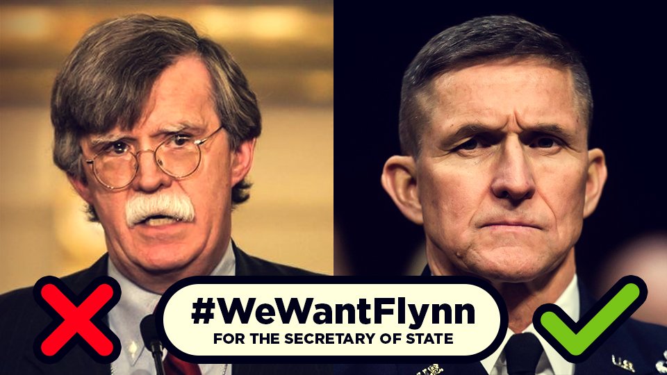 VoteTrumpPics's tweet photo. FLYNN over BOLTON 🚨

RETWEET to let @RealDonaldTrump &amp; @transition2017 know that we don’t trust John Bolton's record for SOS.

#WeWantFlynn https://t.co/wlScR7kvWQ