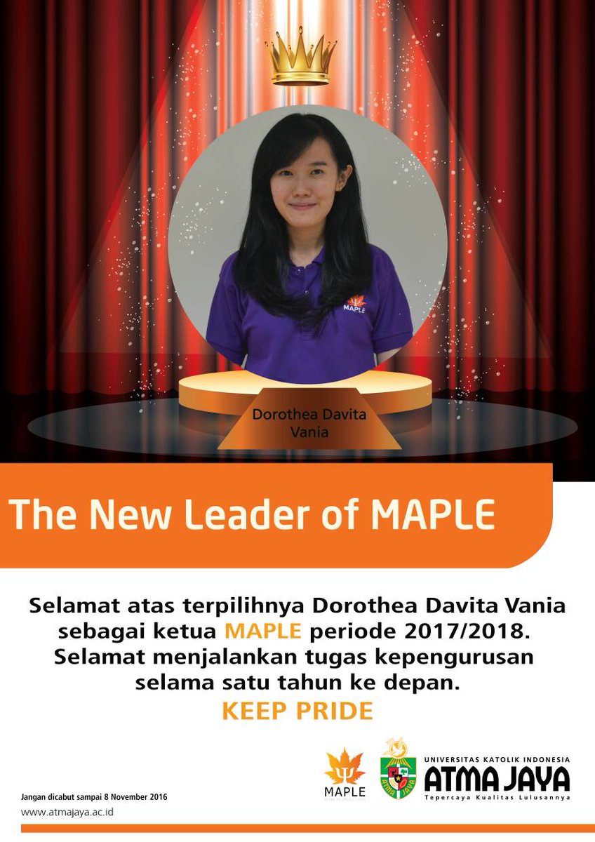 maple_fpuaj's tweet photo. [NEW LEADER OF MAPLE]

Selamat kepada Dorothea Davita Vania yang terpilih menjadi Ketua MAPLE selanjutnya. 

Be ready for the new era! https://t.co/UXkJCe2snW